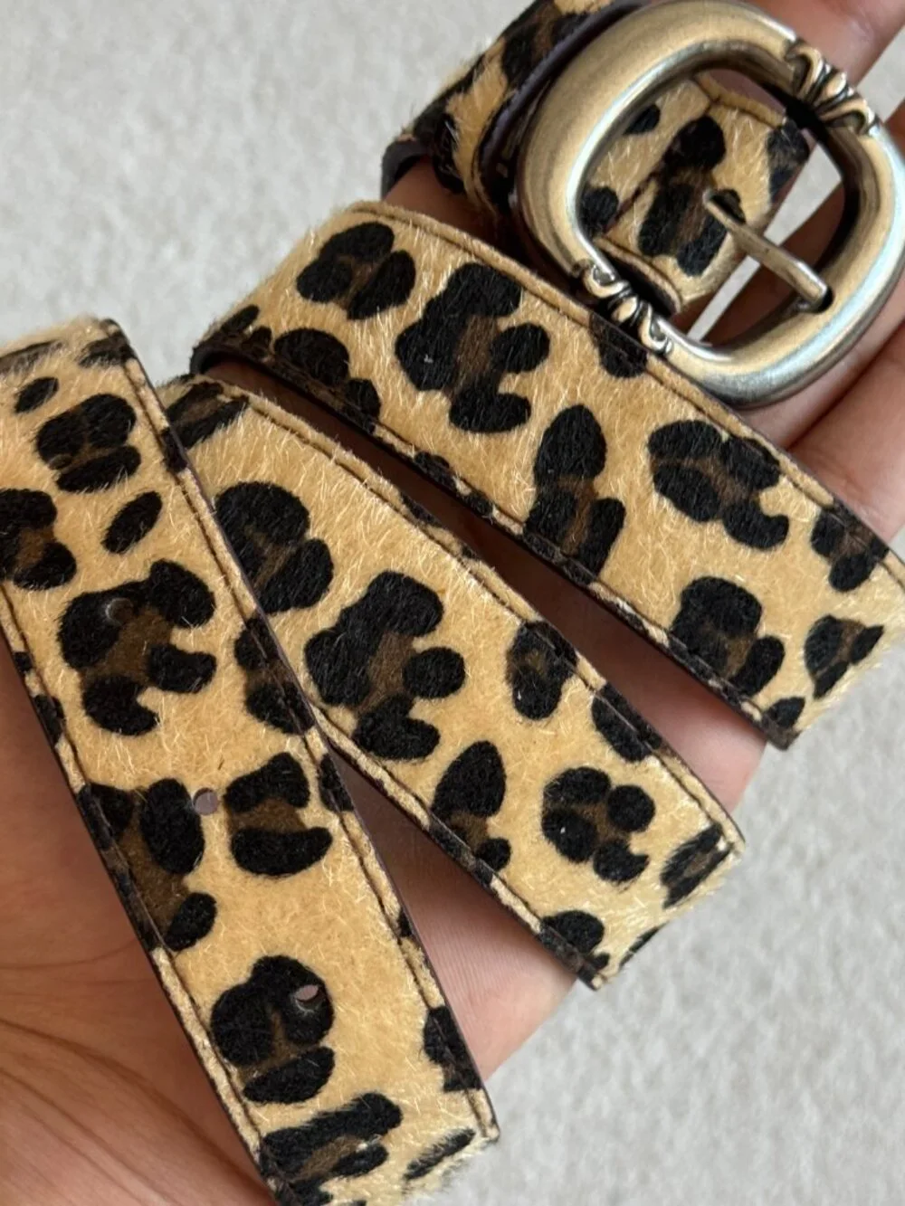Tan Leopard Oval Silver Buckle Belt